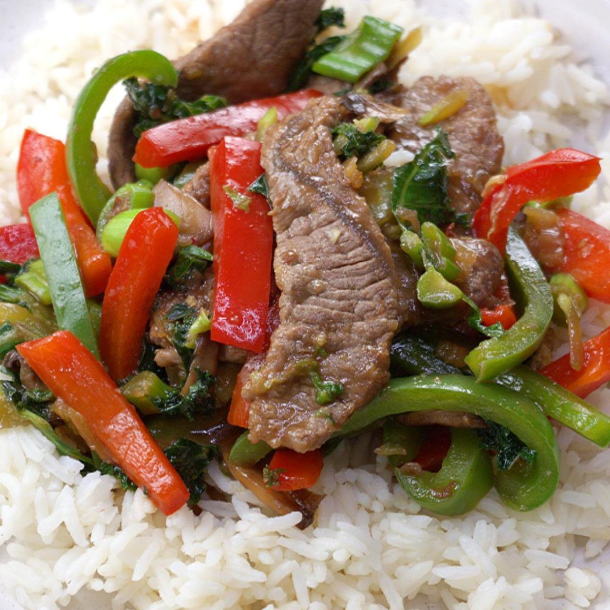 Front view of a stir fry made with strips of beef, peppers, and mushrooms on a bed of white rice Hostess At Heart