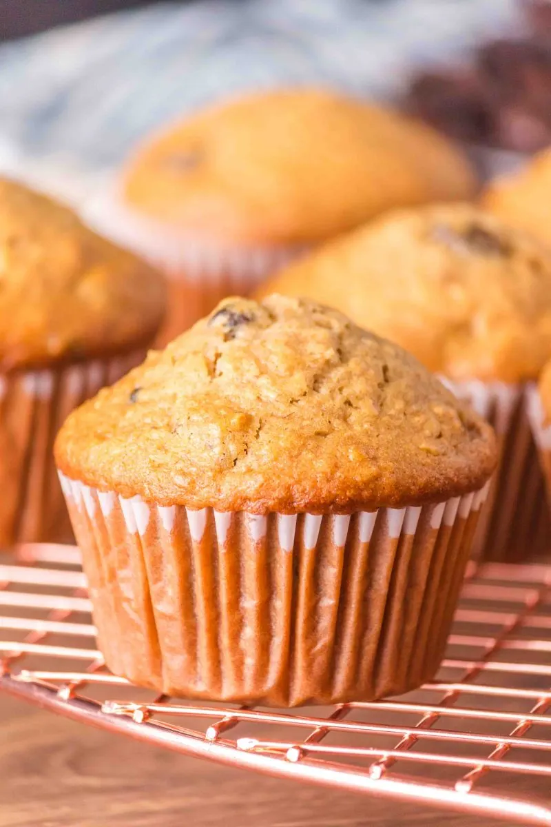 Close up of a single oatmeal raisin muffin on a cooling rack in focus withj more muffins in the background out of focus.