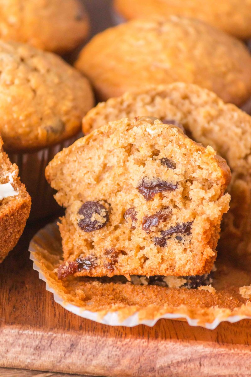 Close up of a cut away view of a single oatmeal raisin muffin. Hostess At Heart