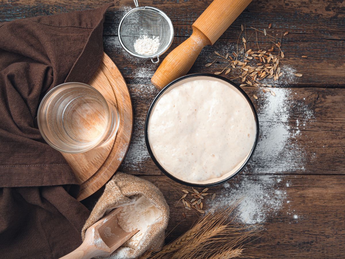 Top down view of sourdough starter next to the Ingredients used to make it; flour and water.