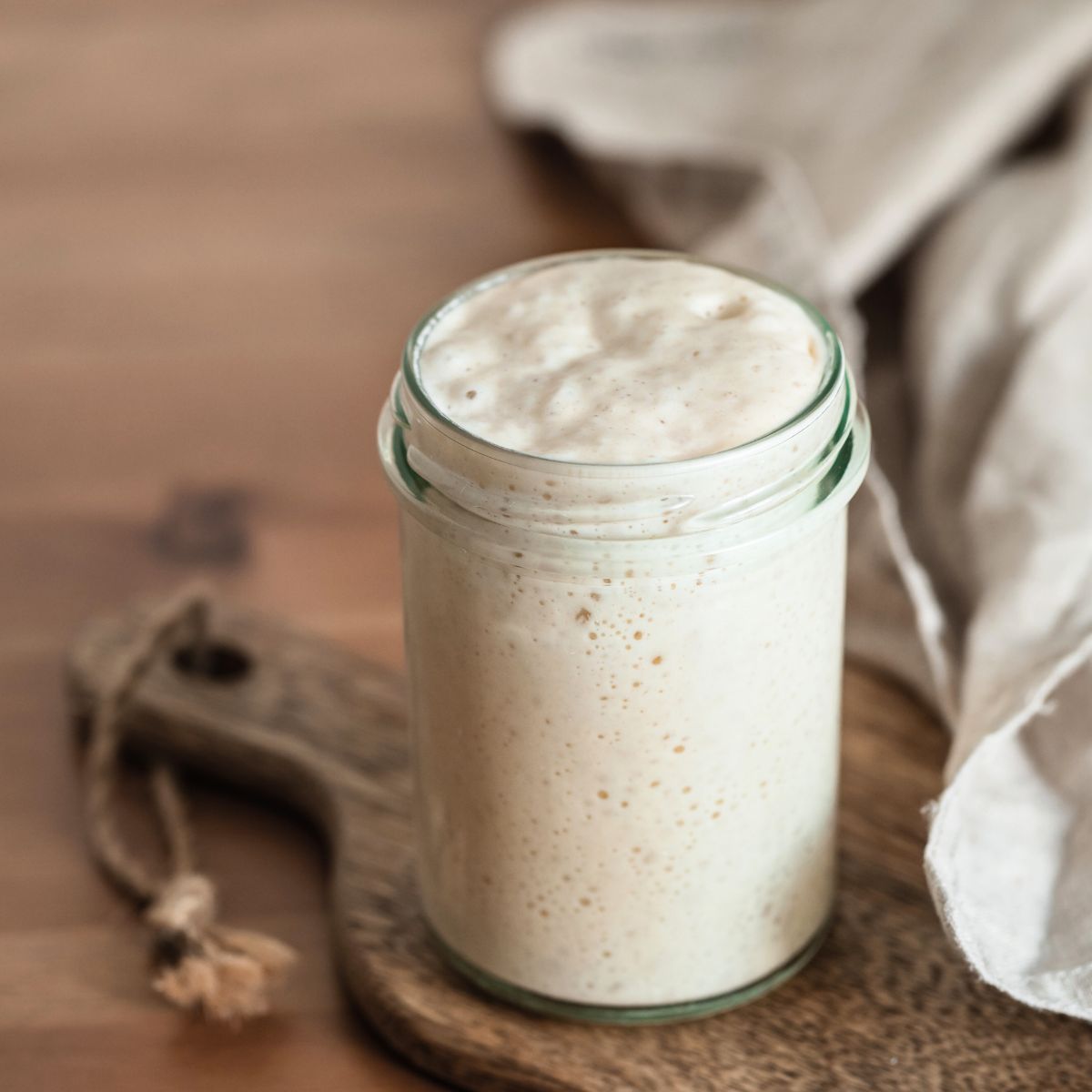 Sideview of a jar filled with active sourdough bread starter