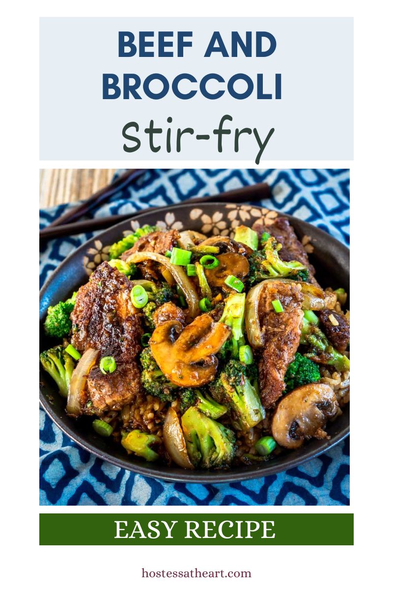 A angled top image for Pinterest of a beef stir-fry. Hostess At Heart