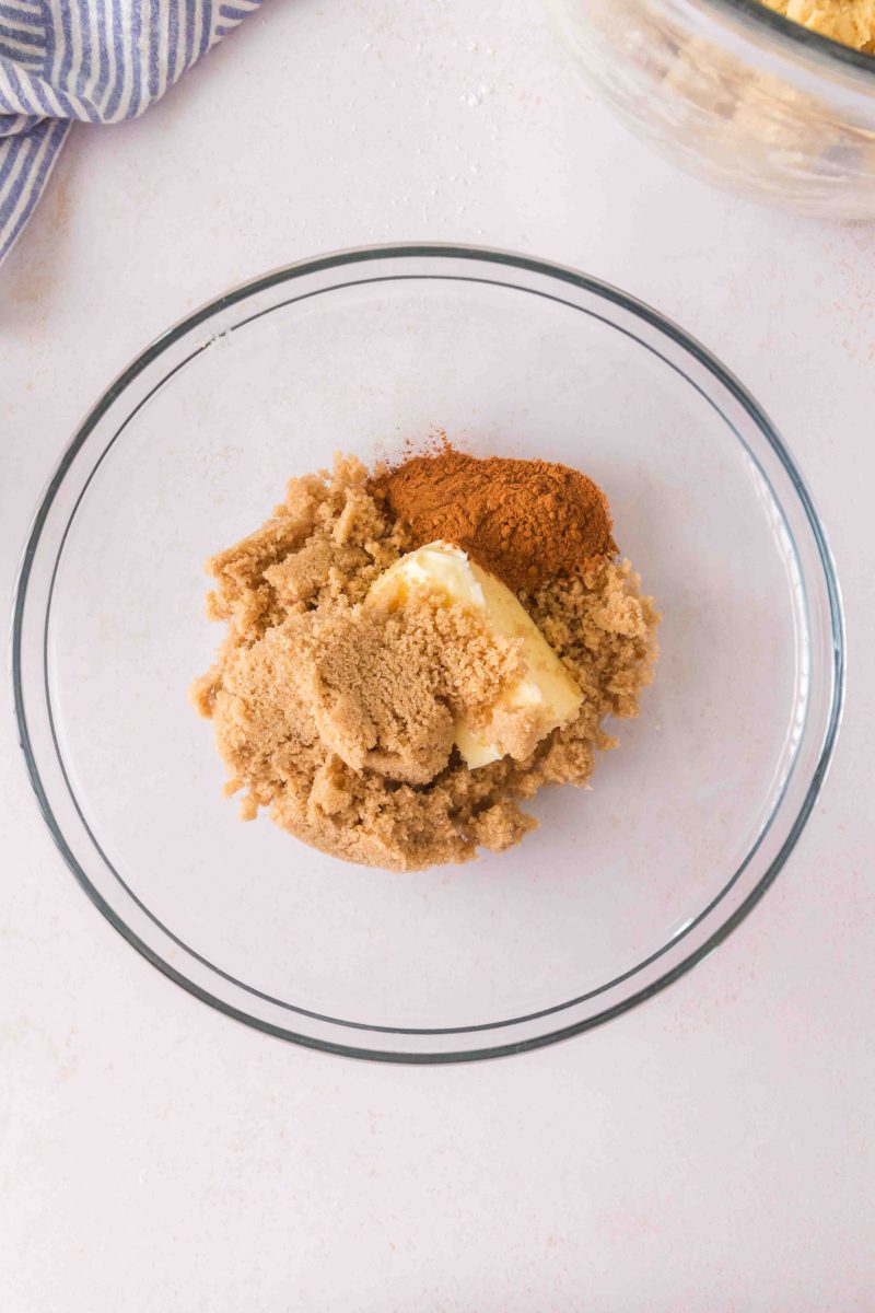 Ingredients to make cinnamon swirl including butter, cinnamon, and brown sugar.