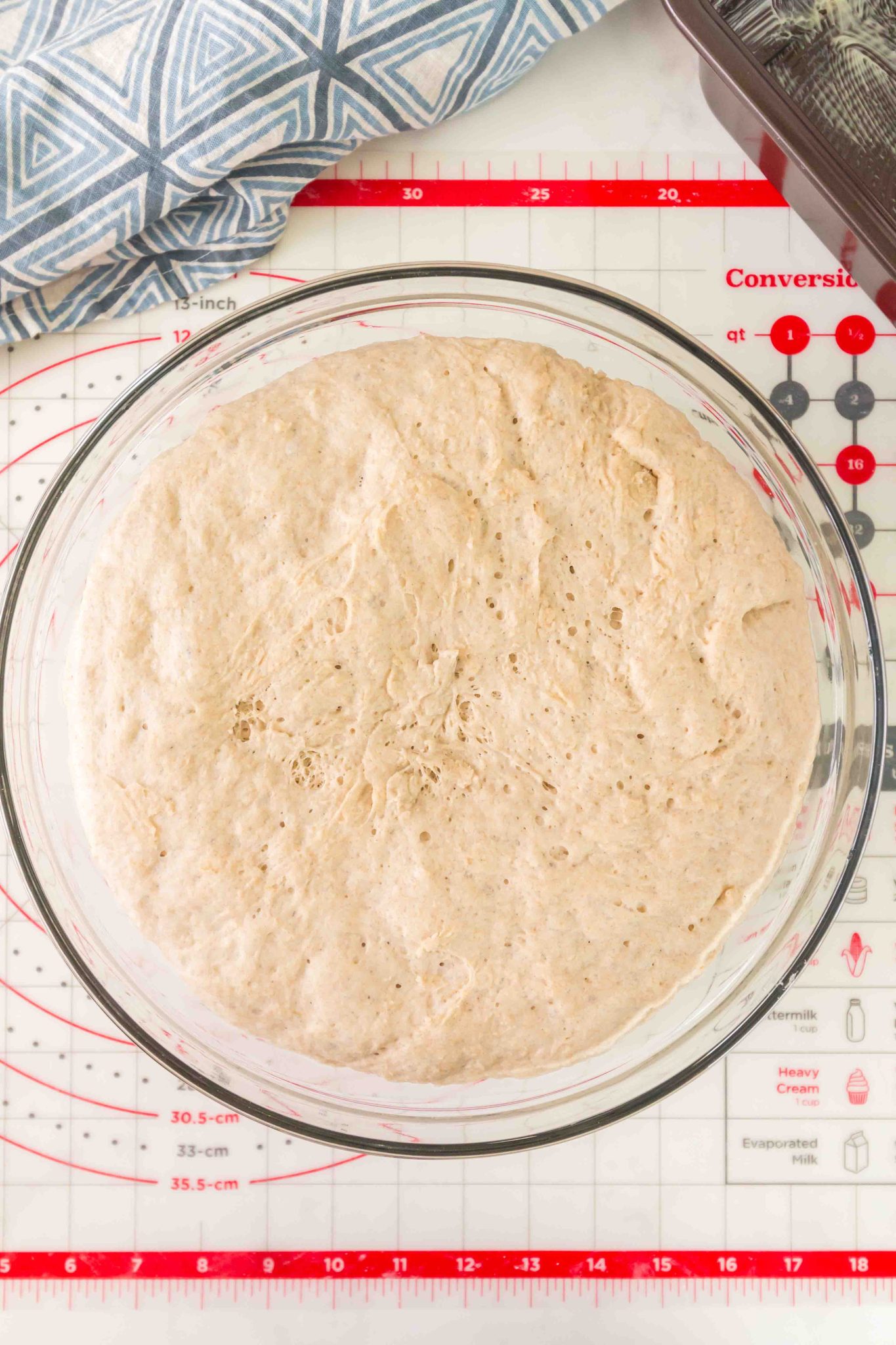 A bowl filled with risen rye bread dough - Hostess At Heart