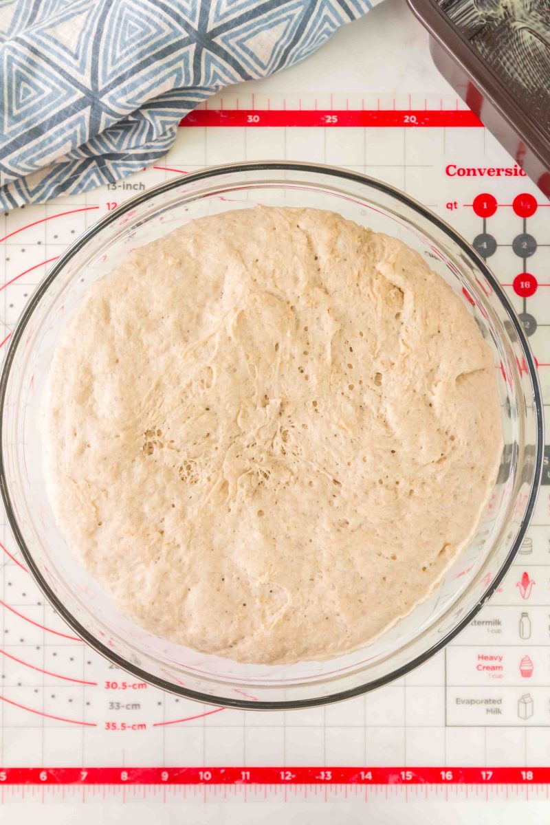 A bowl filled with risen rye bread dough - Hostess At Heart