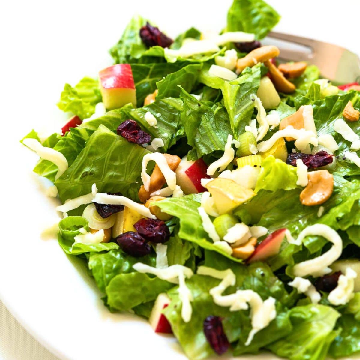 Close up image of an apple and pear salad topped with dried cranberries, chopped cashews, and shredded cheese - Hostess At Heart