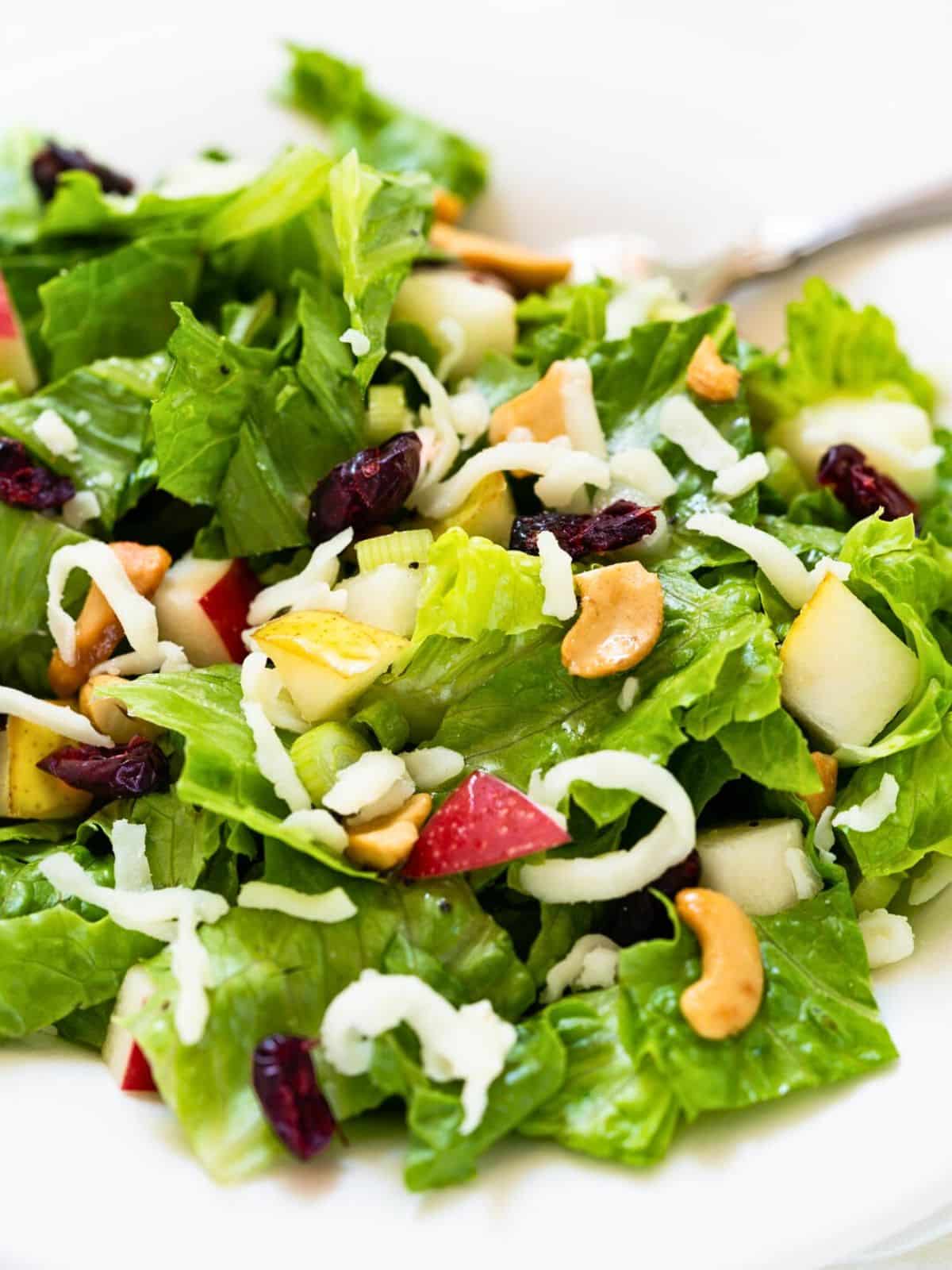 Front view of a dressed apple pear salad topped with cashews, shredded cheese, and Craisins - Hostess At Heart