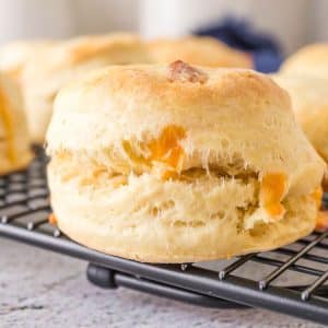 Sideview of a cheesy round sourdough discard scone sitting on a cooling rack. Hostess At Heart