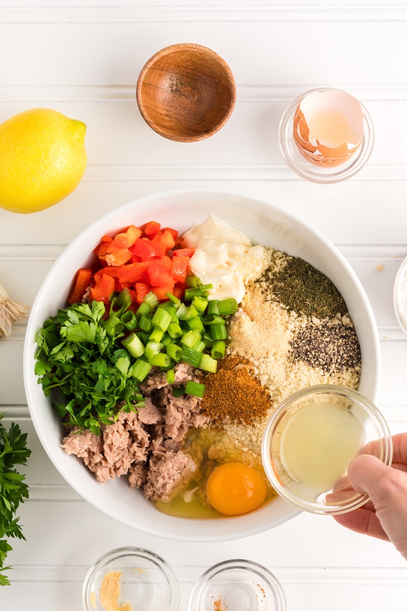Ingredients used to make tuna patties recipe including canned tuna, egg, old bay seasoning, salt, garlic powder, lemon juice, mayo, bell pepper, and green onion - Hostess At Heart