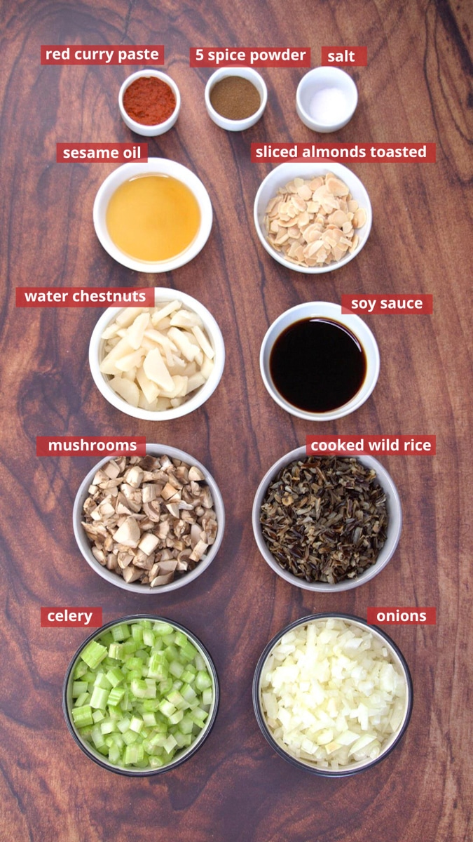 Ingredients: cooked wild rice, chopped celery, onions, mushrooms, water chestnuts. Seasoning including soy sauce, 5 spice seasoning, red curry paste. Sesame oil. Hostess At Heart