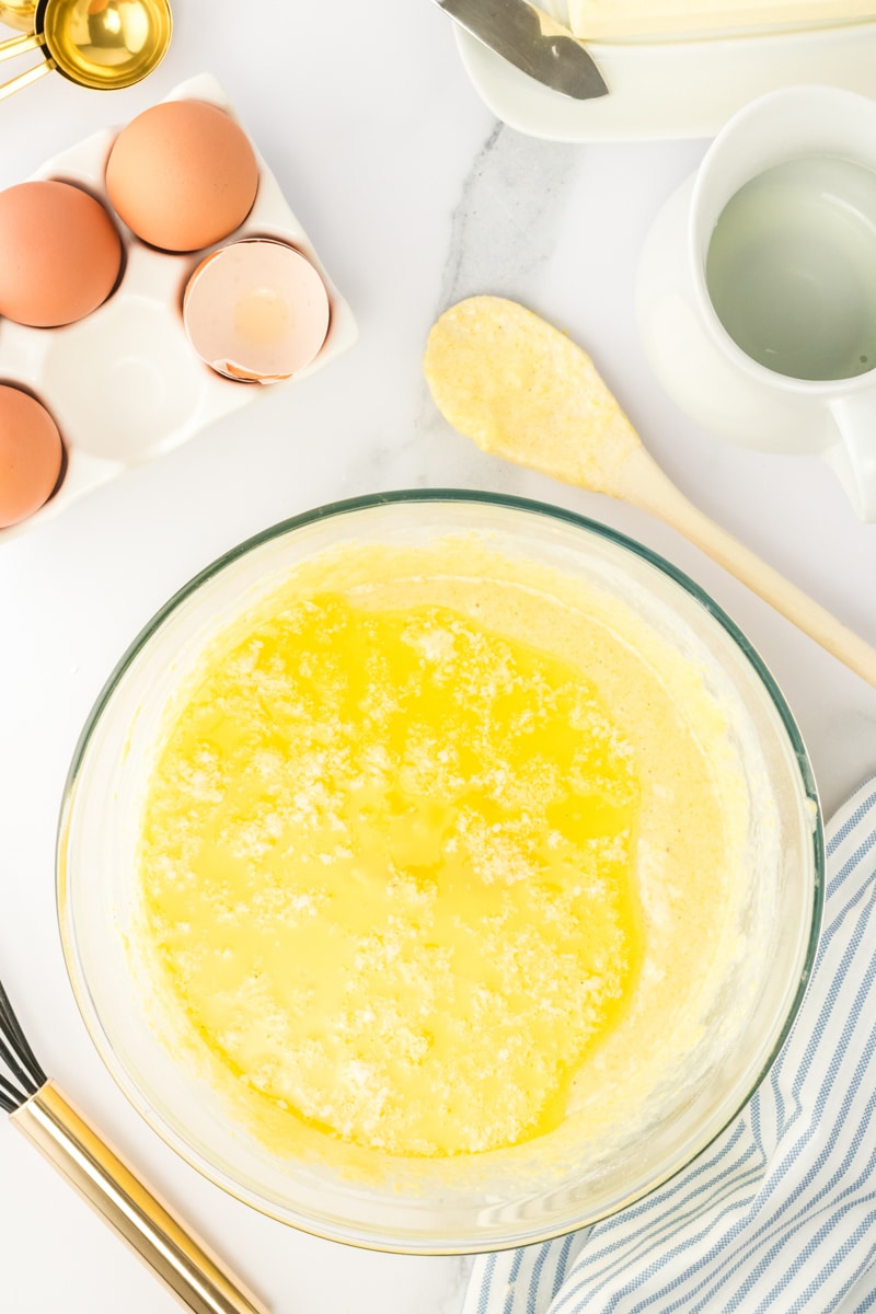 Cornbread batter in a mixing bowl - Hostess At Heart