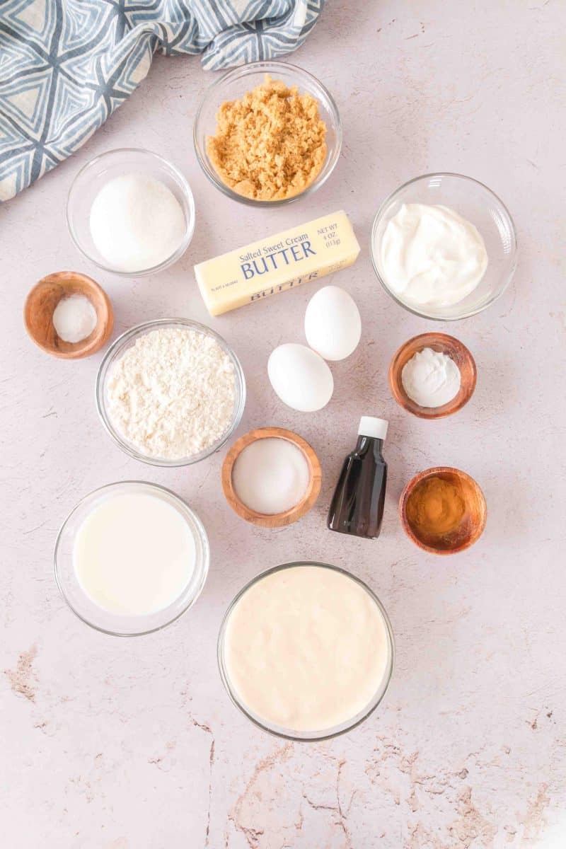 Ingredients: Brown sugar, sugar, butter, salt, sour cream, eggs, flour, baking soda, baking powder, vanilla, sourdough discard, sour cream, and milk.