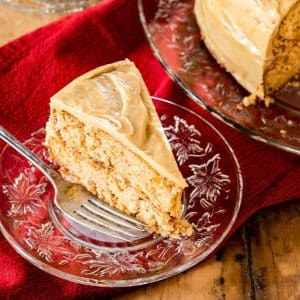 Three-quarter angle of a slice of a layer apple spice cake recipe - Hostess At Heart