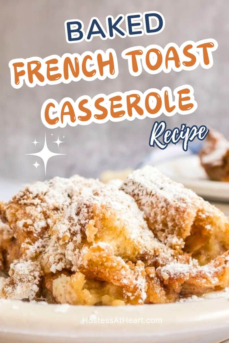 A front view of a baked French Toast Casserole serving dusted with powdered sugar.