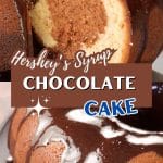 Two image collage for Pinterest of a bundt pan with chocolate glaze drizzled over the top and a slice of cake on a cake server showing the two done crumb - Hostess At Heart