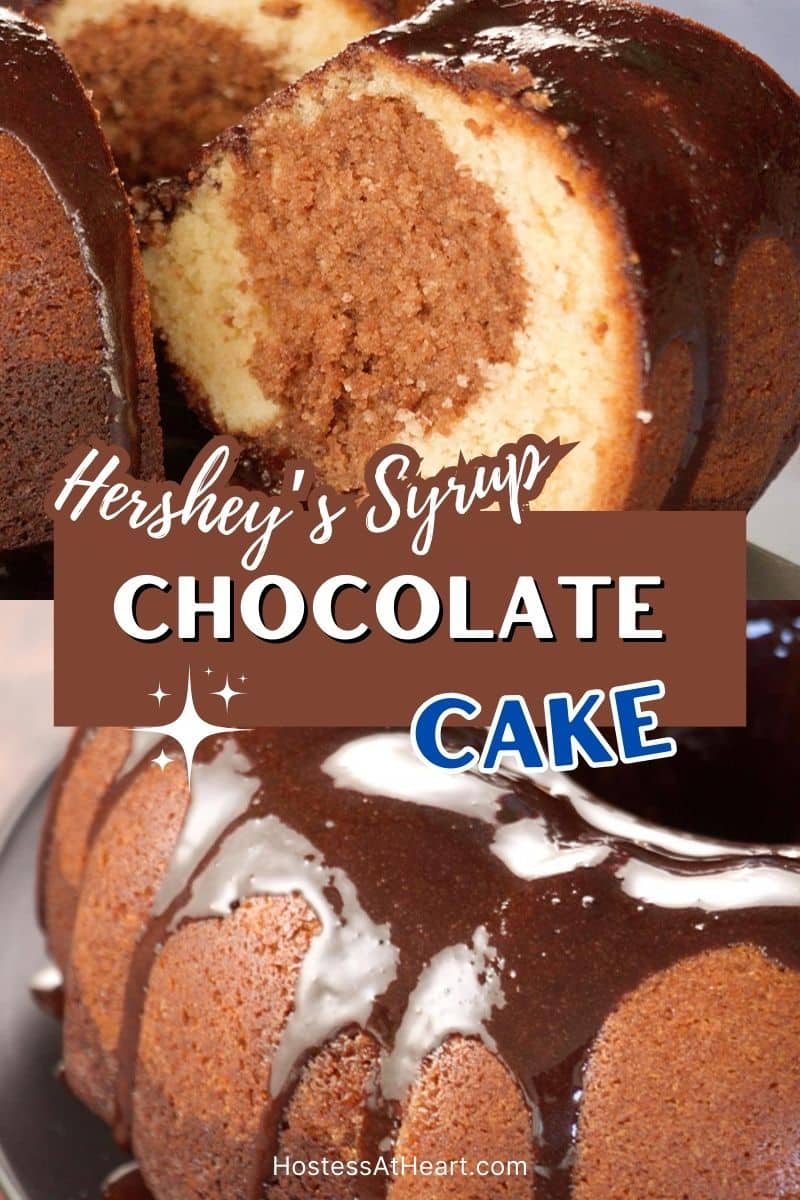 Two image collage for Pinterest of a bundt pan with chocolate glaze drizzled over the top and a slice of cake on a cake server showing the two done crumb - Hostess At Heart