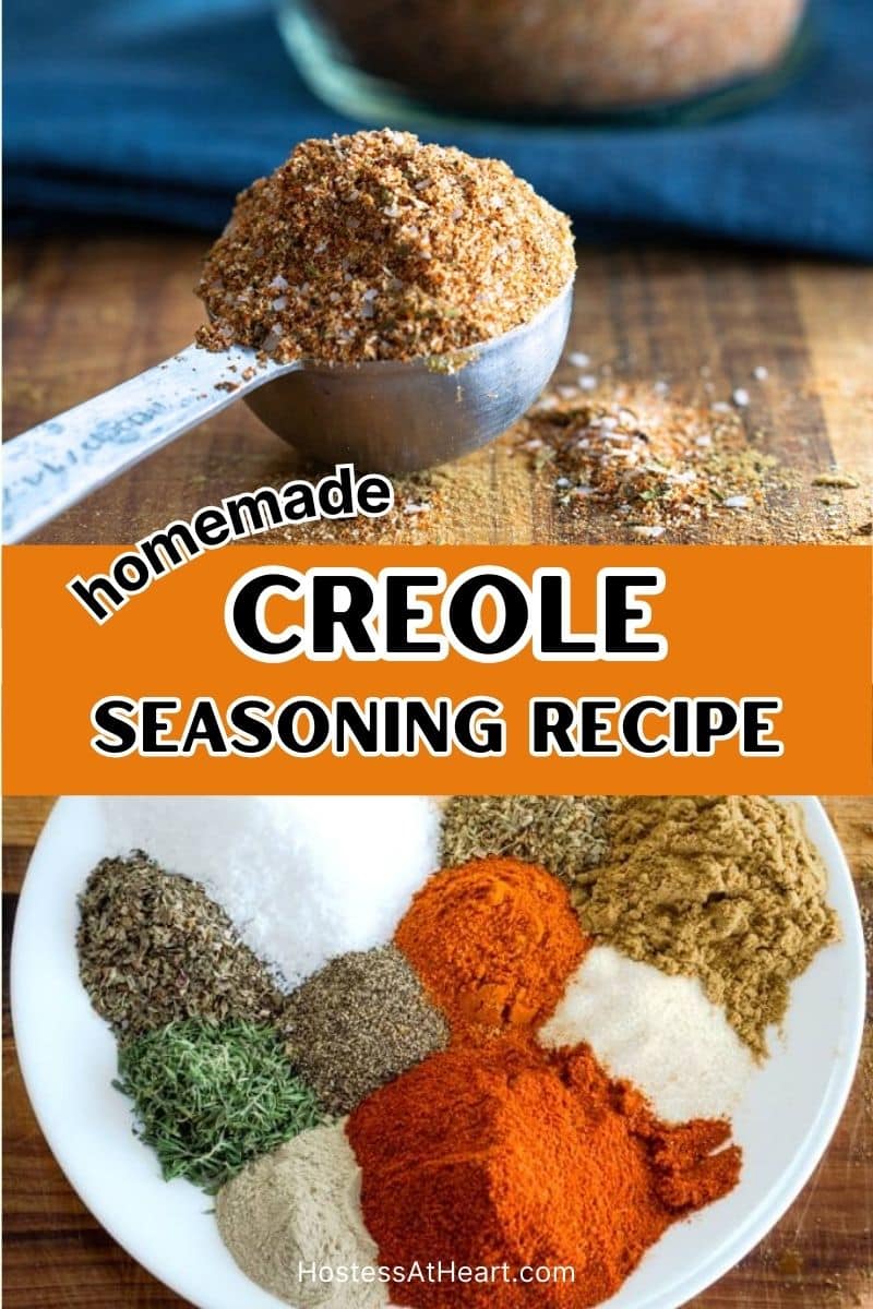 Two image collage for Pinterest of different spice on a plate before being combined to make a creole spice blend - Hostess At Heart
