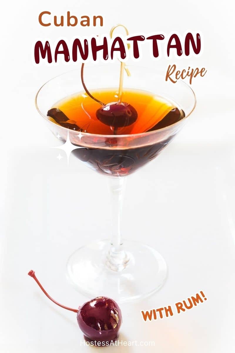 Front view of a cocktail glass filled with a Rum Manhattan and a Bada cherry. Hostess At Heart
