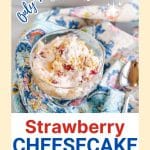 Image for Pinterest of a strawberry fluff salad in a dessert dish. Hostess At Heart