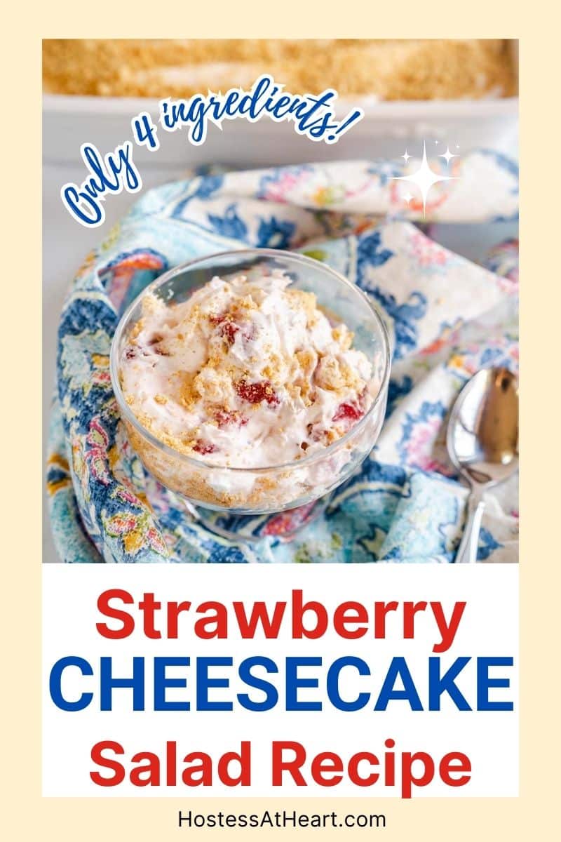 Image for Pinterest of a strawberry fluff salad in a dessert dish. Hostess At Heart