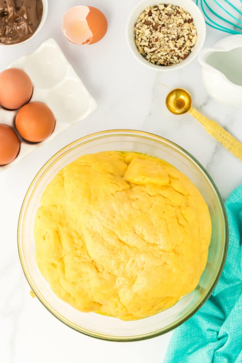 Top down view of a mixing bowl filled with soft pillowy babka bread dough - Hostess At Heart