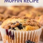 An image for Pinterest of a blackberry muffin surrounded by fresh blackberries. Hostess At Heart