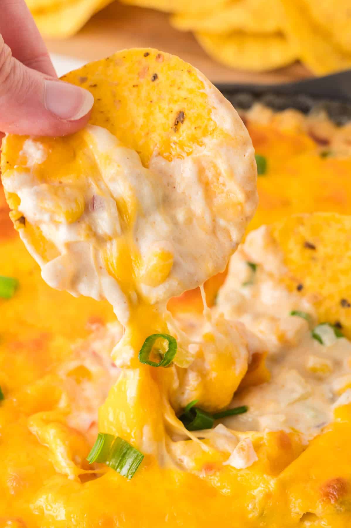 A hand holding a tortilla chip after it's dipped into a hot baked cheesy corn dip. Hostess At Heart