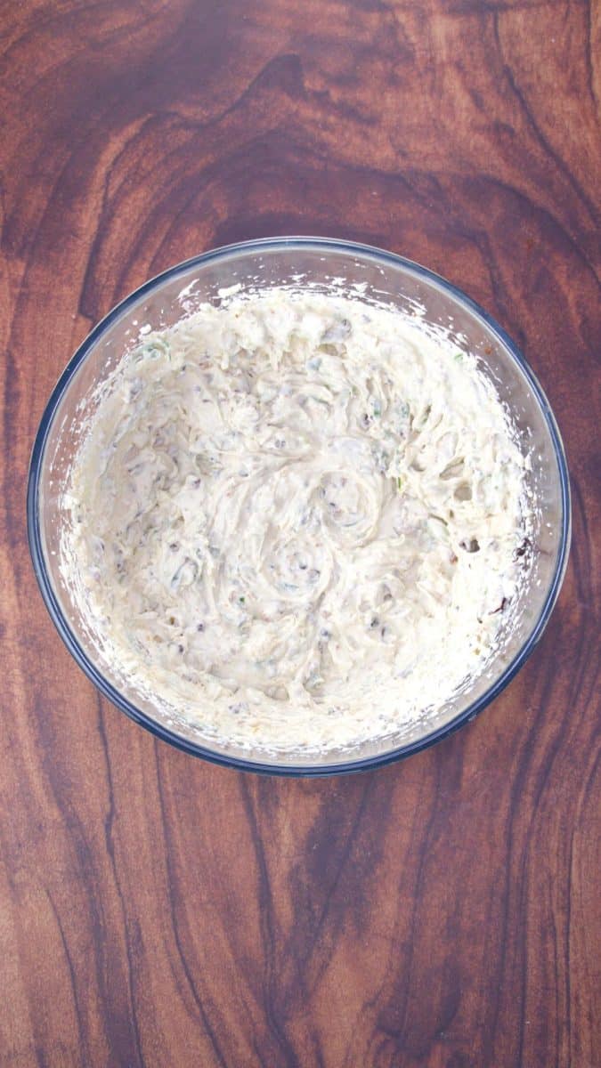 Top down view of a bowl of whipped creamy cheeses. Hostess At Heart
