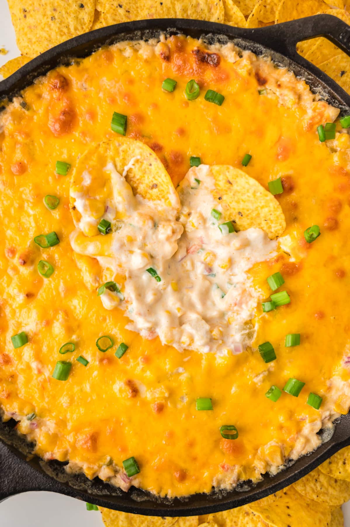 A closeup top down view of a skillet filled with baked cheese hot corn dip topped with green onion and tortilla chips laying on top - Hostess At Heart