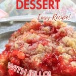 Image for Pinterest of a plate holding a rhubarb dessert made with jello. Hostess At Heart