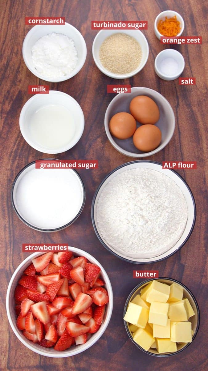 Ingredient image for a strawberry slab pie including sugar, flour, strawberries, eggs, butter, milk, salt, and orange zest - Hostess At Heart