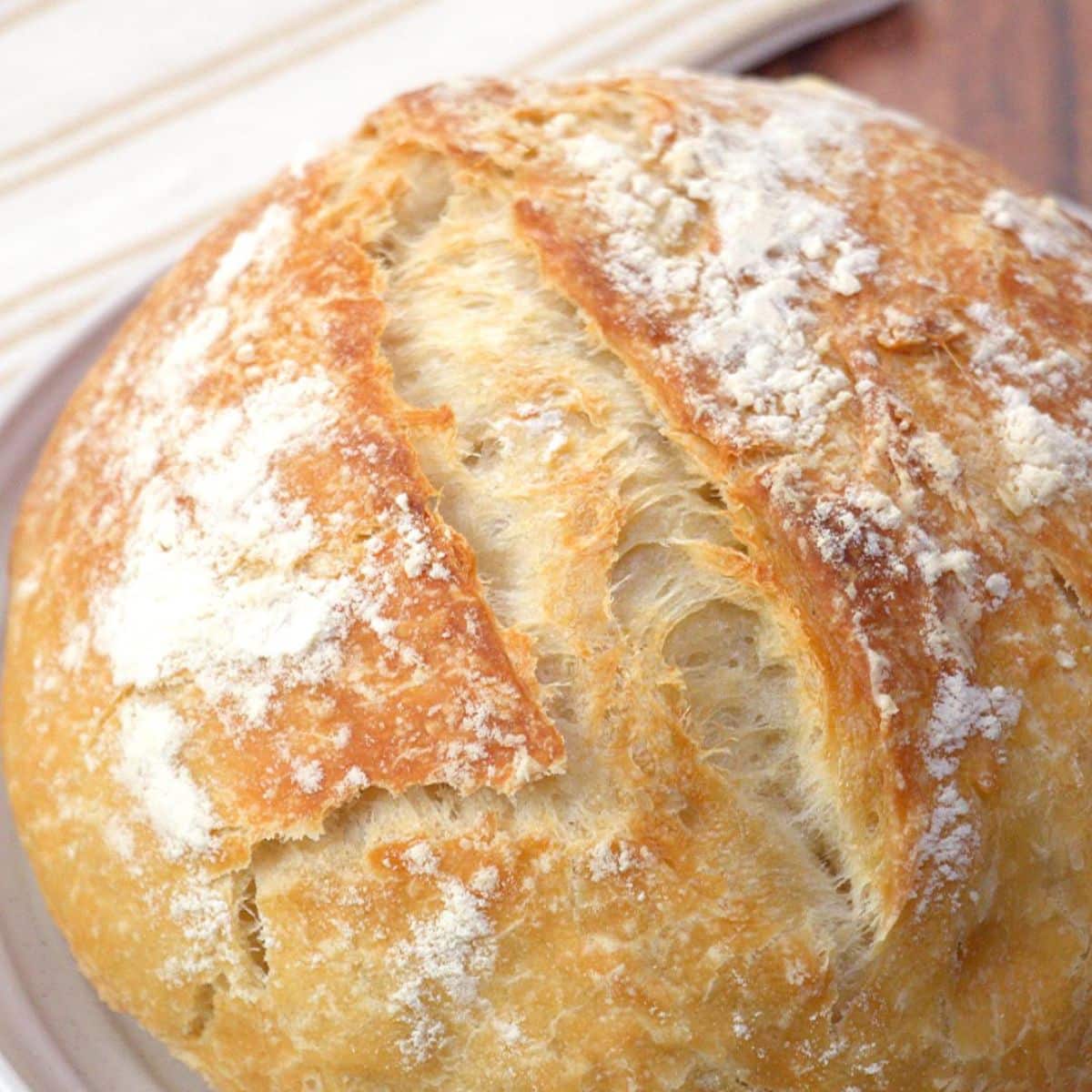 Top-down view of a scored round loaf of homemade almost no-knead bread - Hostess At Heart