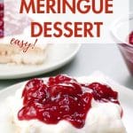 An image for Pinterest of a baked meringue bar topped with a creamy sweet cream cheese layer and a cherry raspberry sauce - Hostess At Heart