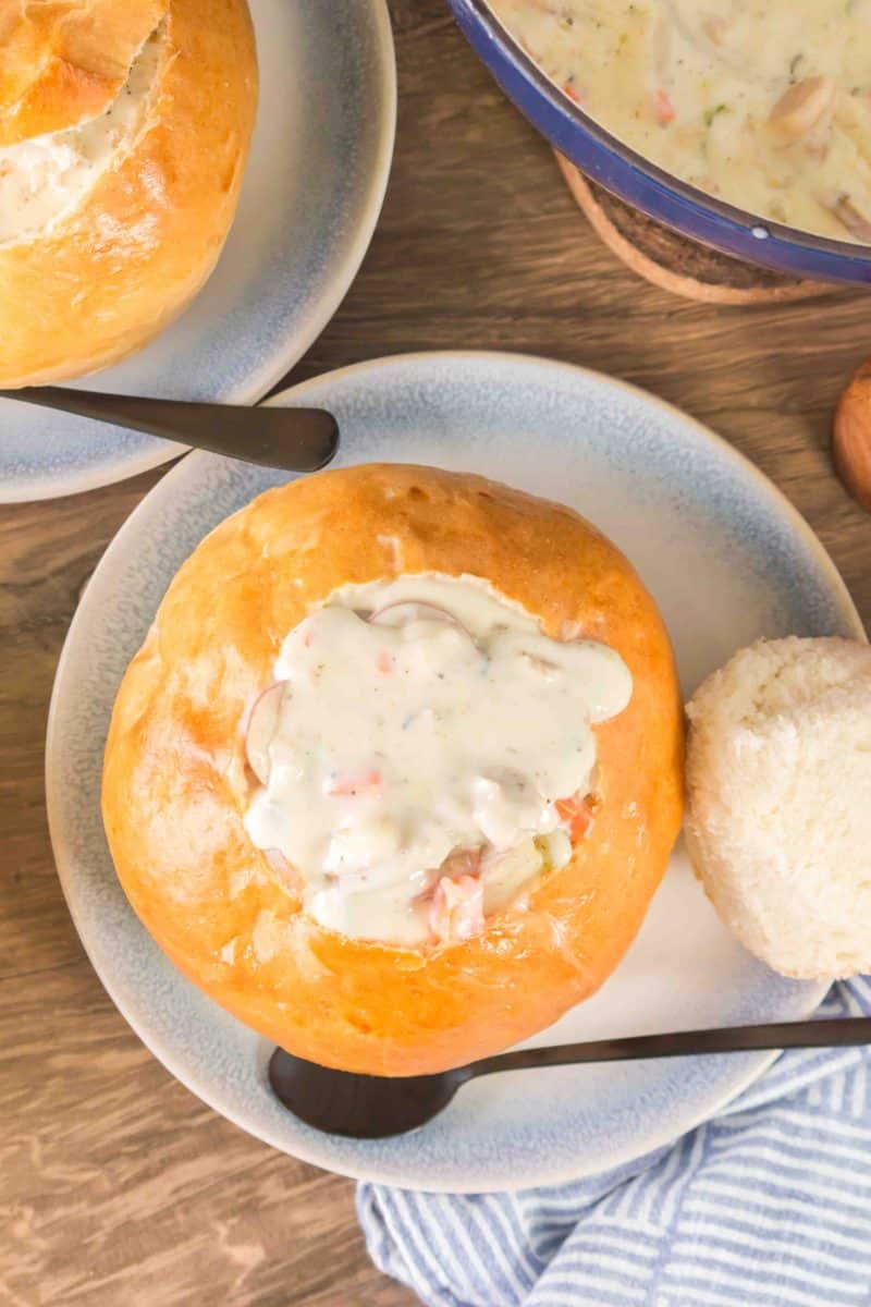 Top down view of a bread bowl filled with clam chowder - Hostess At Heart