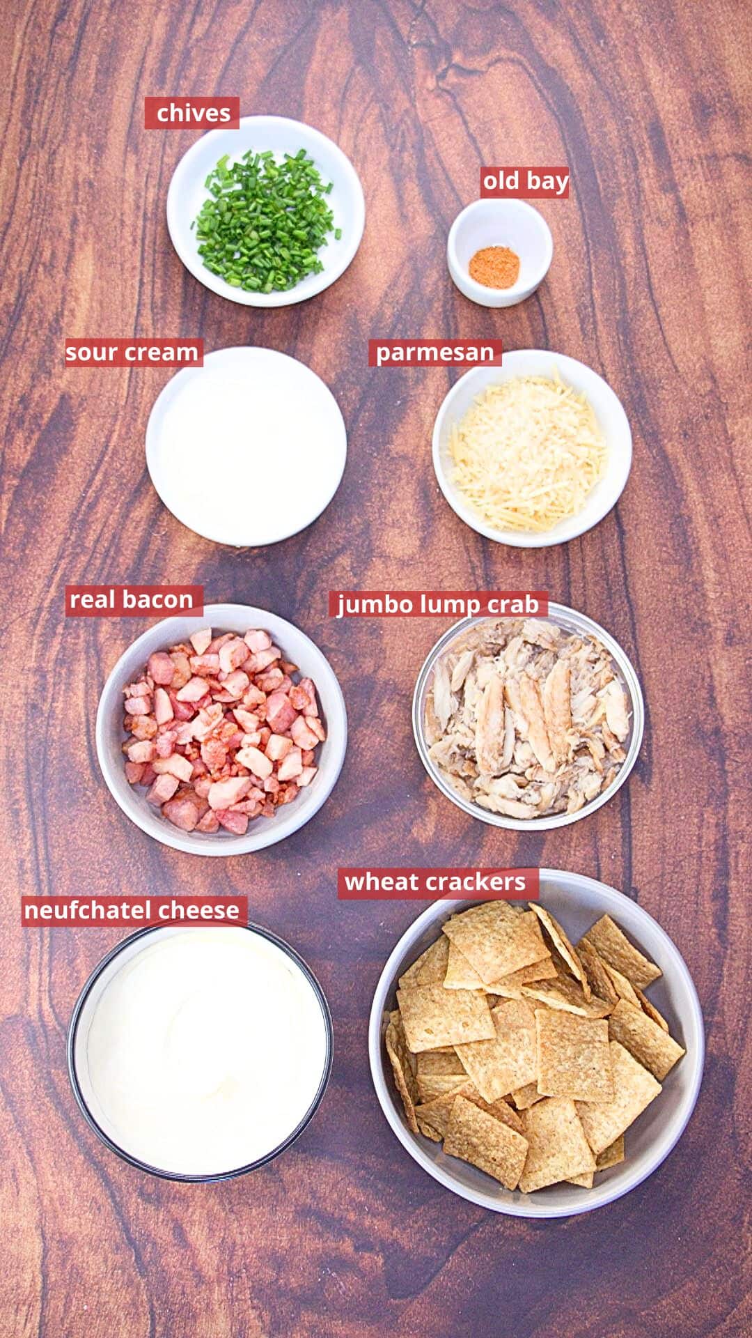 Ingredients: cooked bacon, lump crab, Neufchatel and parmesan cheese, sour cream, old bay seasoning, and fresh chives along with wheat crackers.