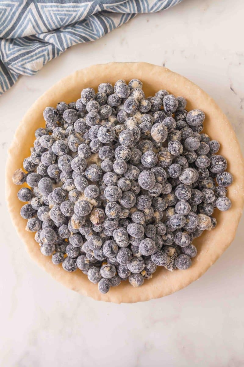 A dough covered pie plate filled with fresh blueberries that have been mixed with ingredients to make a blueberry pie filling - Hostess At Heart