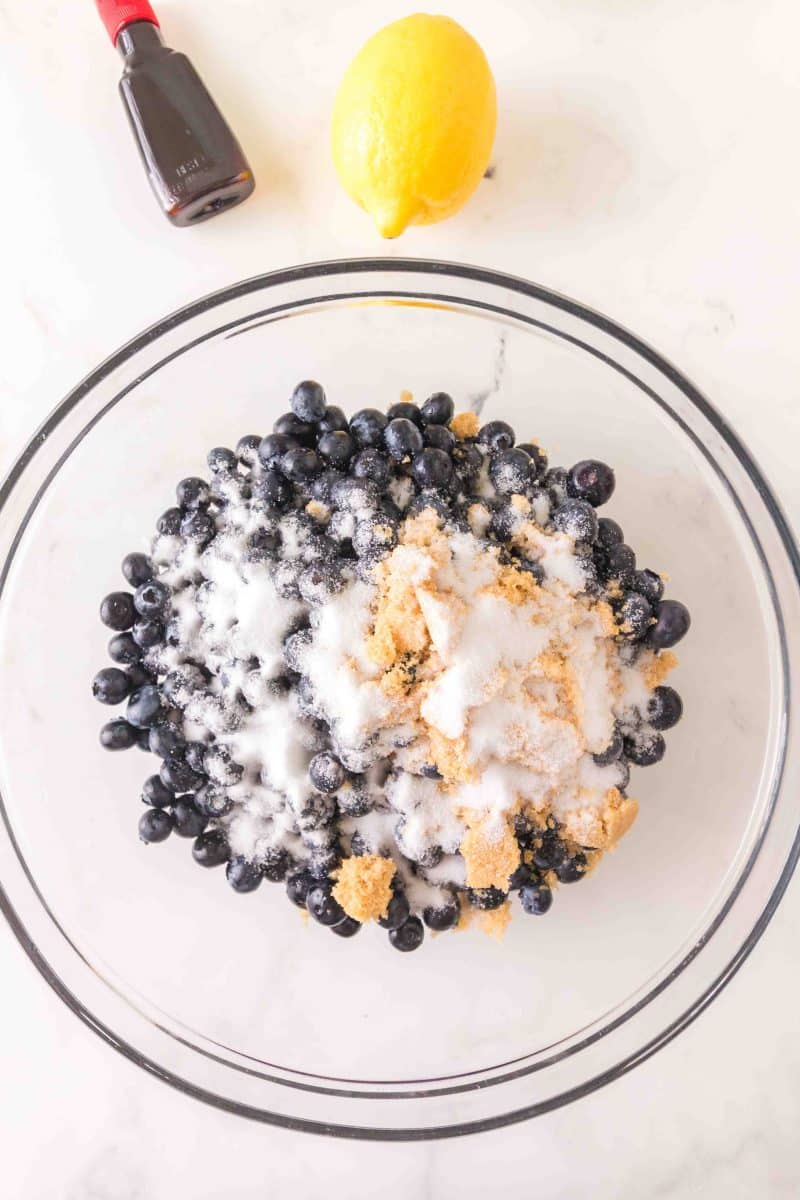 Fresh blueberries in a mixing bowl topped with sugar, brown sugar, lemon zest, and vanilla.