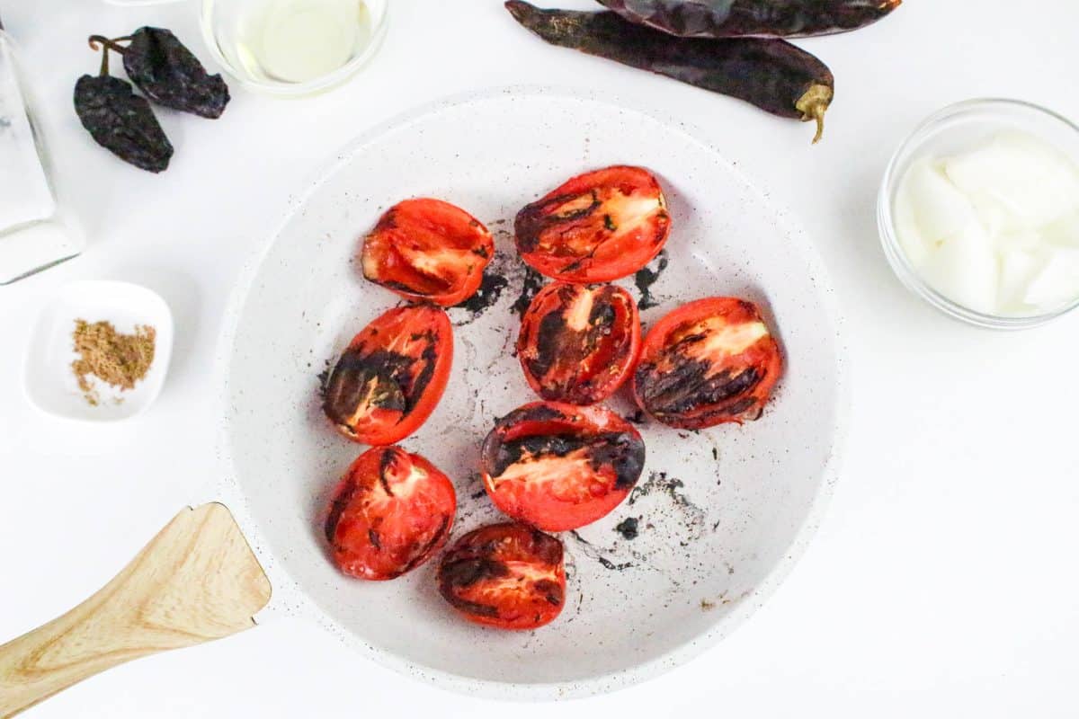 Top down view of roasted roma tomatoes - Hostess At Heart