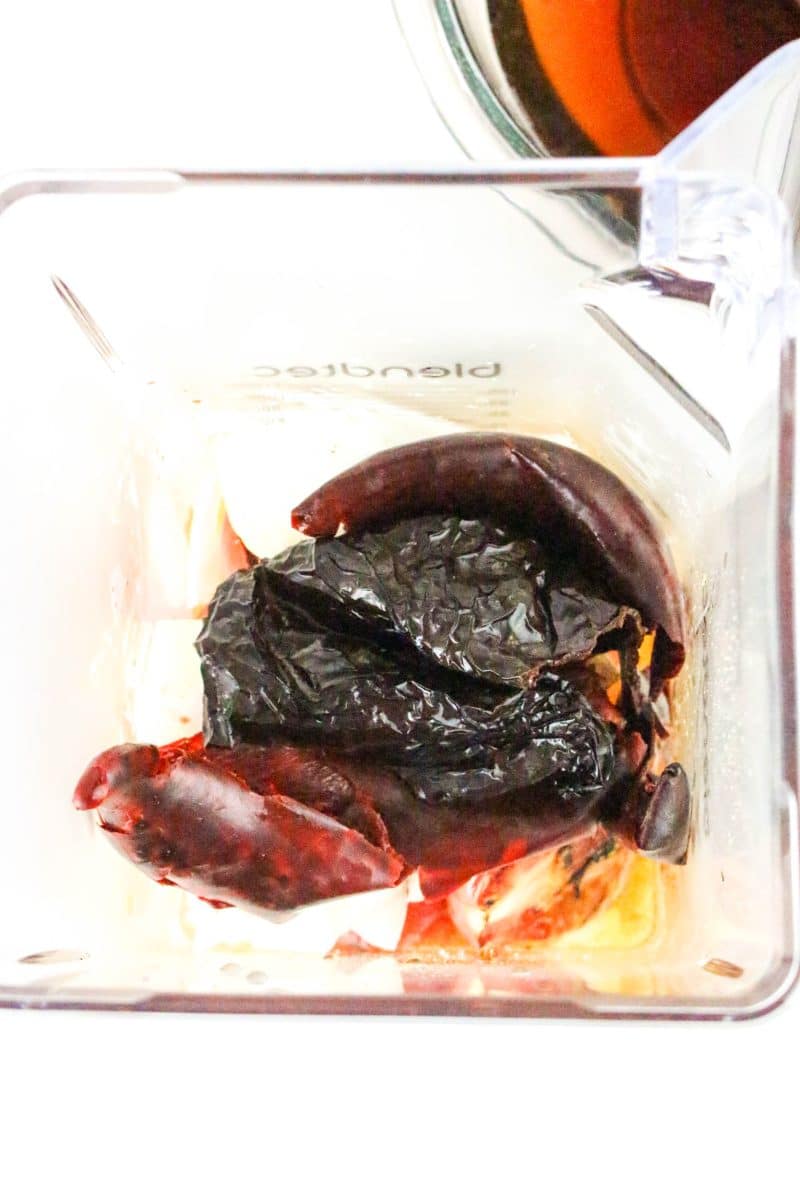Roasted dried chillis added to a blender - Hostess At Heart