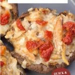 An image for Pinterest of three crab stuffed mushrooms with cheese and garlic - Hostess At Heart