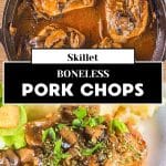 Image for Pinterest of a plate filled with a Pork loin chop topped with onion and mushroom gravy, mashed potatoes and a salad - Hostess At Heart