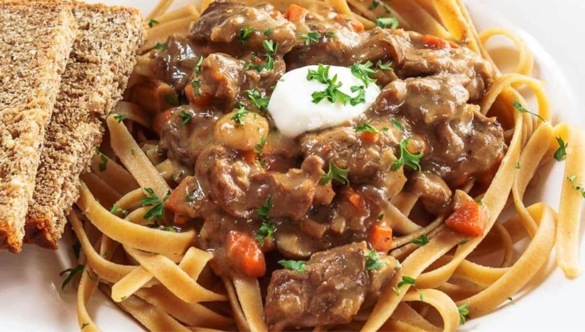 Closeup view of a heart healthy beef stroganoff with diced carrots recipe - Hostess At Heart