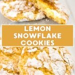 To photo image for Pinterest of lemon cake box cookies. The top image shows the soft center of a cookie split in half while the bottom image shows the crinkles in the whole cookie - Hostess At Heart