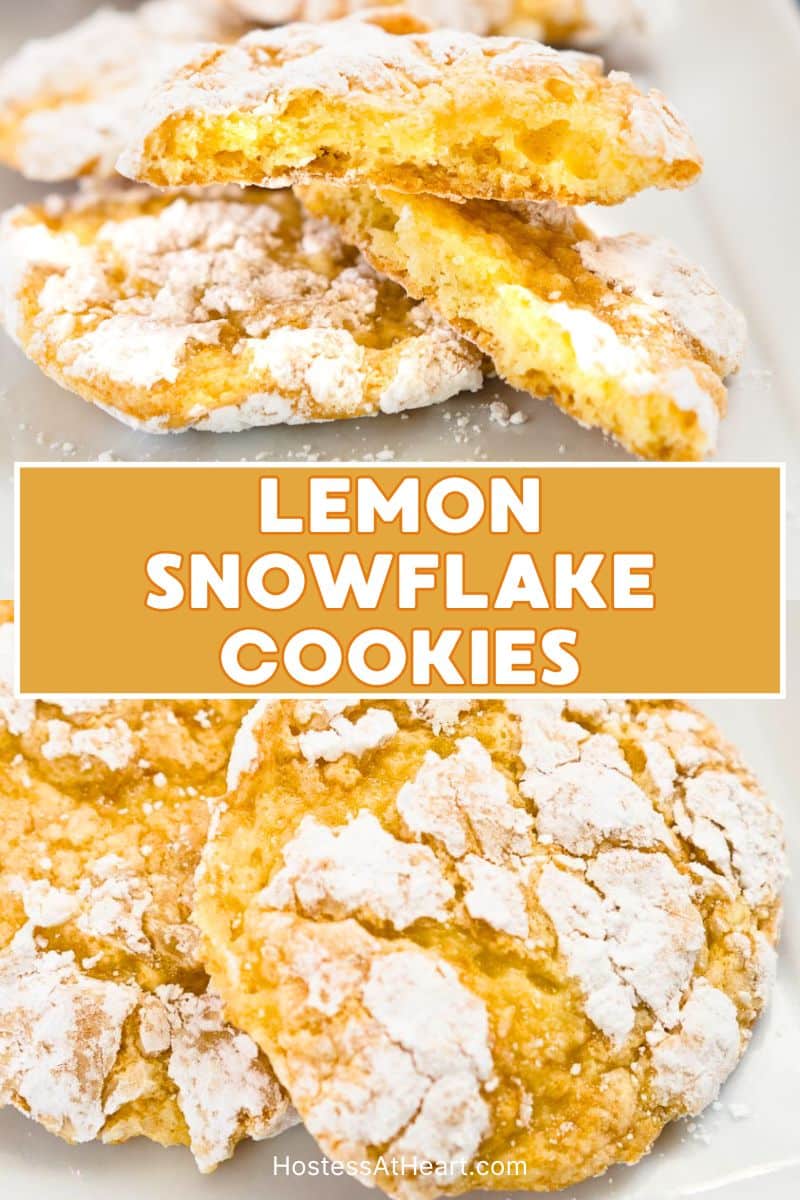 To photo image for Pinterest of lemon cake box cookies. The top image shows the soft center of a cookie split in half while the bottom image shows the crinkles in the whole cookie - Hostess At Heart