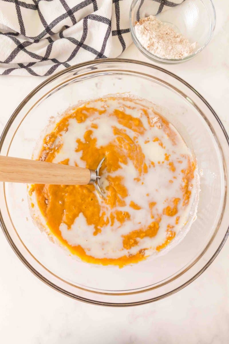 Milk added to a Fall pumpkin bread batter. Hostess At Heart