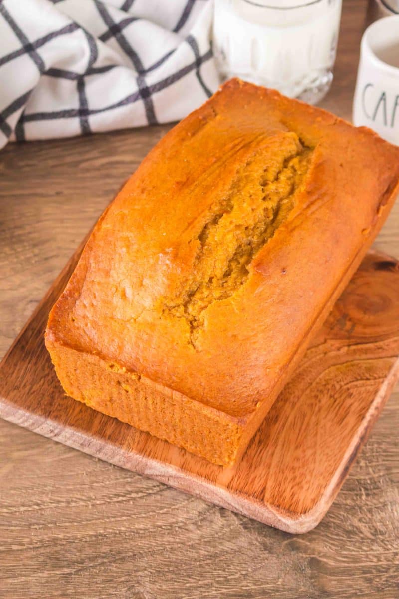 Angled view of a loaf of sourdough pumpkin bread recipe - Hostess At Heart