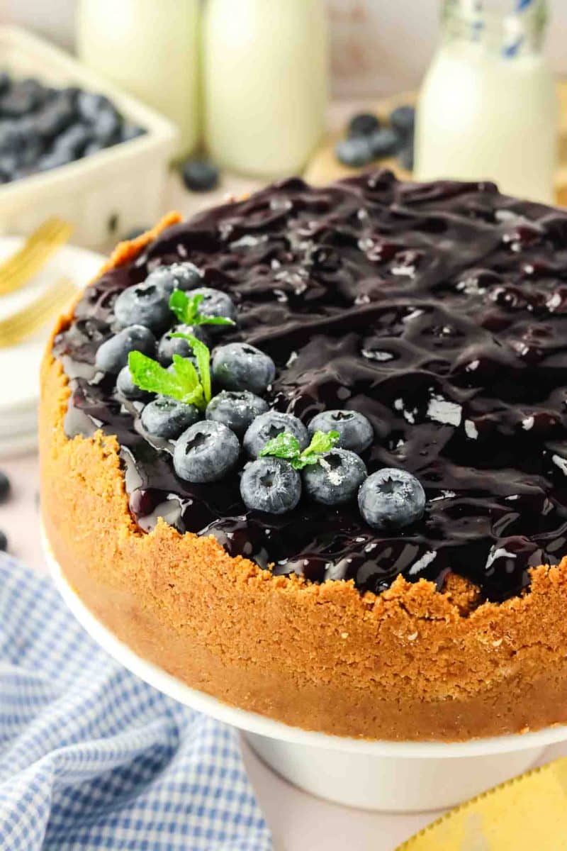 Side view of homemade blueberry cheesecake showing tall graham cracker crust and layers of creamy filling - Hostess At Heart