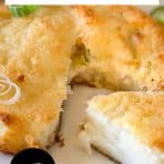 An image for Pinterest of a leftover mashed potato cake with a wedge cut out of it showing the crispy edges and soft tender center - Hostess At Heart