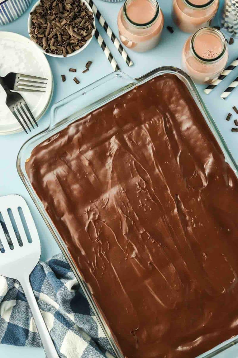 Overhead view of no-bake chocolate eclair cake after chilling - Hostess At Heart