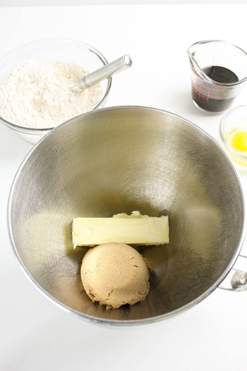The bowl of an electric mixer holding butter and brown sugar - Hostess At Heart